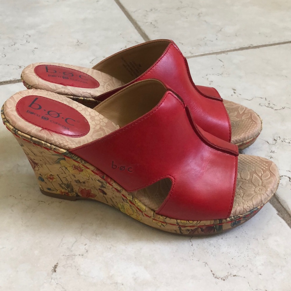 boc Red Leather Mules With Floral Print Wedge